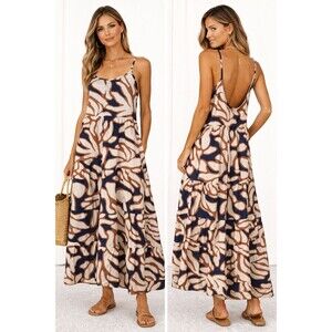 CeCe Abstract Print Tiered Maxi Dress Neutral Modern Boho Resort Sz L NWOT